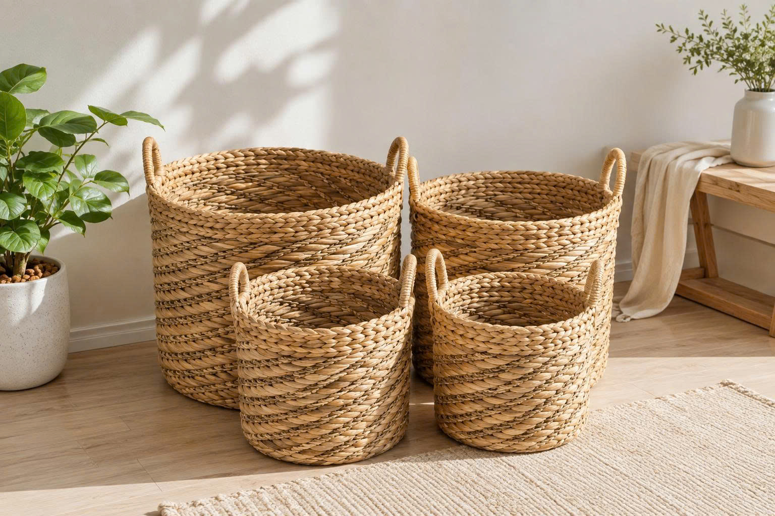 Khay Lục Bình Đan Mắt Cáo Đựng Trái Cây Quai Gỗ